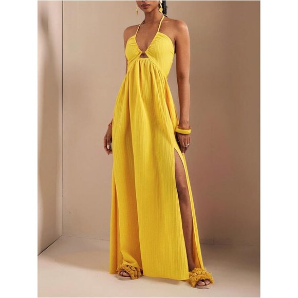 Women's Summer Maxi Dress Flowing Halter Sleeveless Flowy Vacation Dress - Picture 3 of 5
